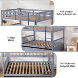 Rophefx Full Over Full Bunk Bed with Trundle, Wood Convertible Bunk Beds for Kids, Bunkbed Frame with Safety Rails and Ladders, Bunk Beds for for Adult, Teens, Grey Rophefx