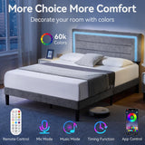 Queen Size Bed Frame with LED Lights and Charging Station, Chenille Upholstered Platform Queen Bed Frame with Headboard, No Box Spring Needed Bedframe, Noise Free, Easy Assembly, Gray Susalt