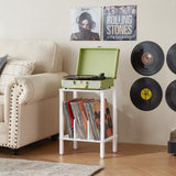 LELELINKY 2-Tier Record Player Stand with Vinyl Record Storage up to 100 Albums, Bedroom Record Holder and Multi-Functional End Table for Living Room, White LELELINKY