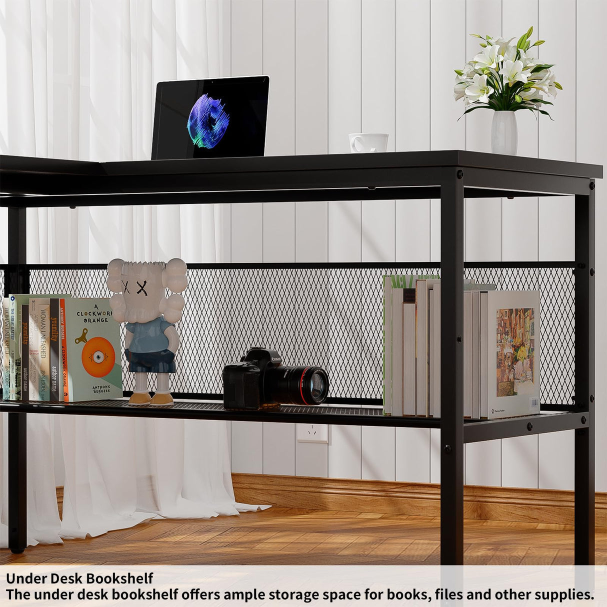 iSunirm 55 Inch Reversible L Shaped Computer Desk with Ergonomic Monitor Stand, Smart LED Lights & Power Outlet, Black iSunirm