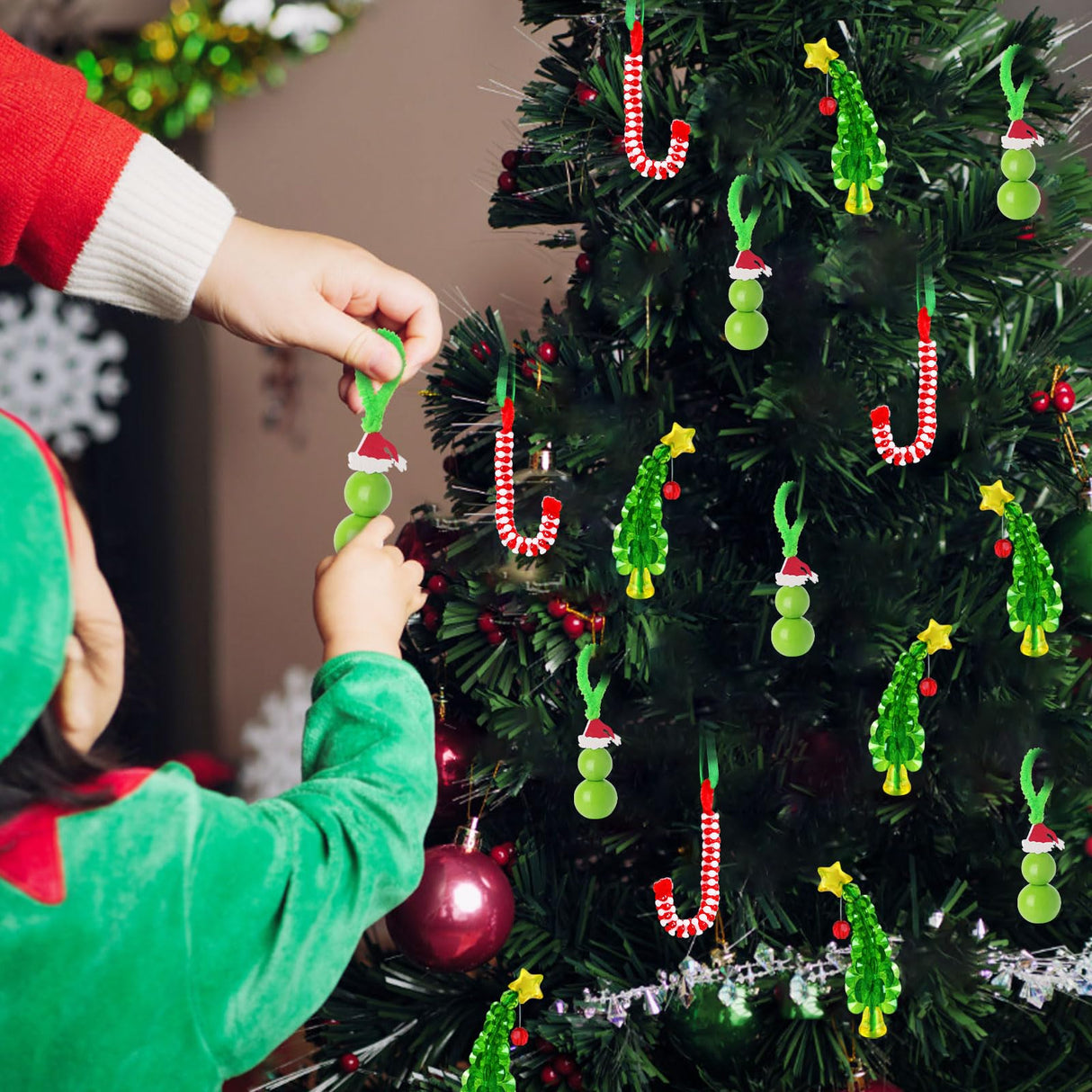 GYGOT Christmas Crafts for Kids Adults,30 Sets Christmas Beaded Ornament Kit for Kids to Make-Including 12 PCS Green Monster/6 PCS Tree/12 PCS Candy Cane,Christmas Tree Decorations (Assembly Needed) GYGOT