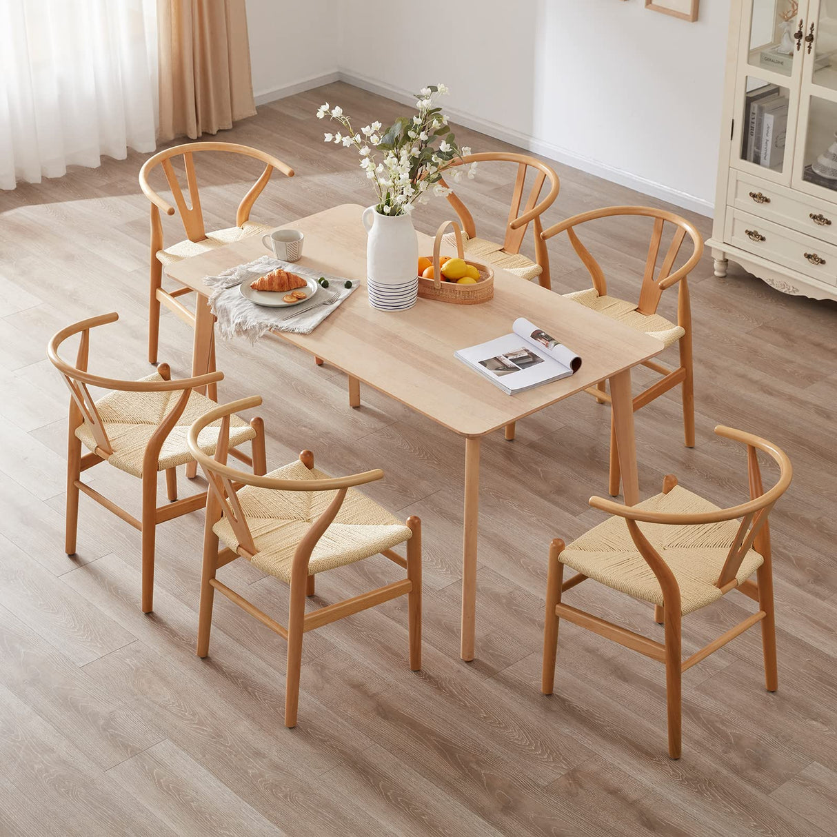 STARY Fully Assembled Wishbone Rattan Dining Room Chairs, Set of 4, Natural STARY