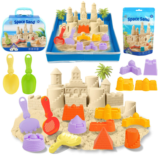 SMILESSKIDDO Play Sand Kit - 20PCS Sandbox Toys Set - Foldable Sand Box with 1.1lbs Natural Play Sand, Mold Tools, Sand Tray - Sensory Bin Sand Toys for Kids Ages 3 and up