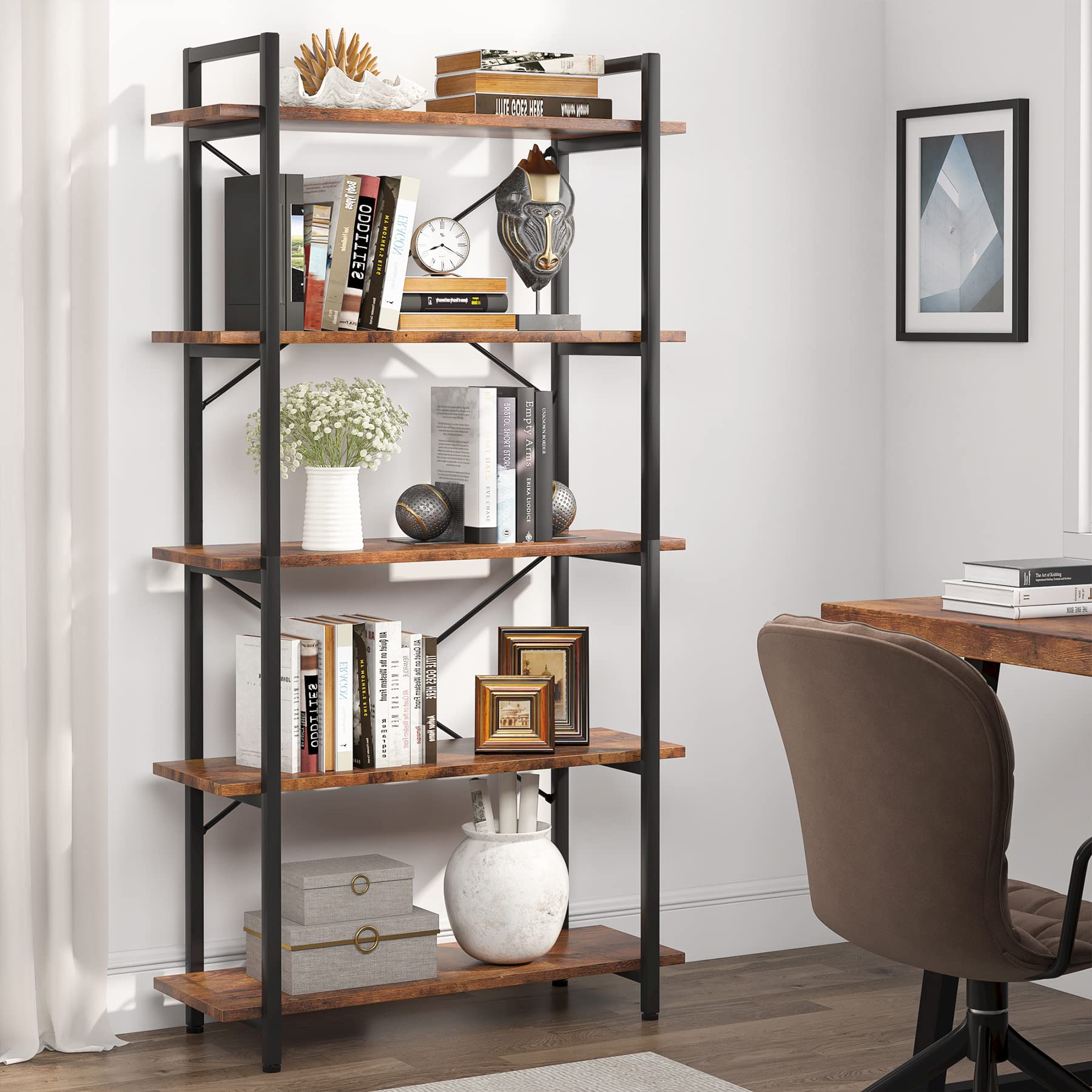 Tribesigns Industrial Rustic 5-Tier Bookshelf with Metal Frame for Living Room and Home Office - WoodArtSupply