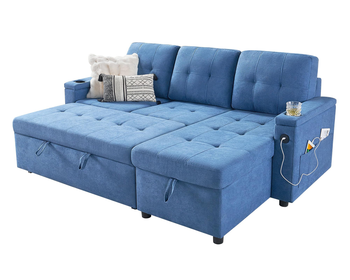 VanAcc Sofa Bed, Multi-Functional Sleeper Sofa with USB Charging Ports & Cup Holders, Pull Out Couch Bed with Storage Chaise, L-Shaped Couches for Living Room (Linen Blue)