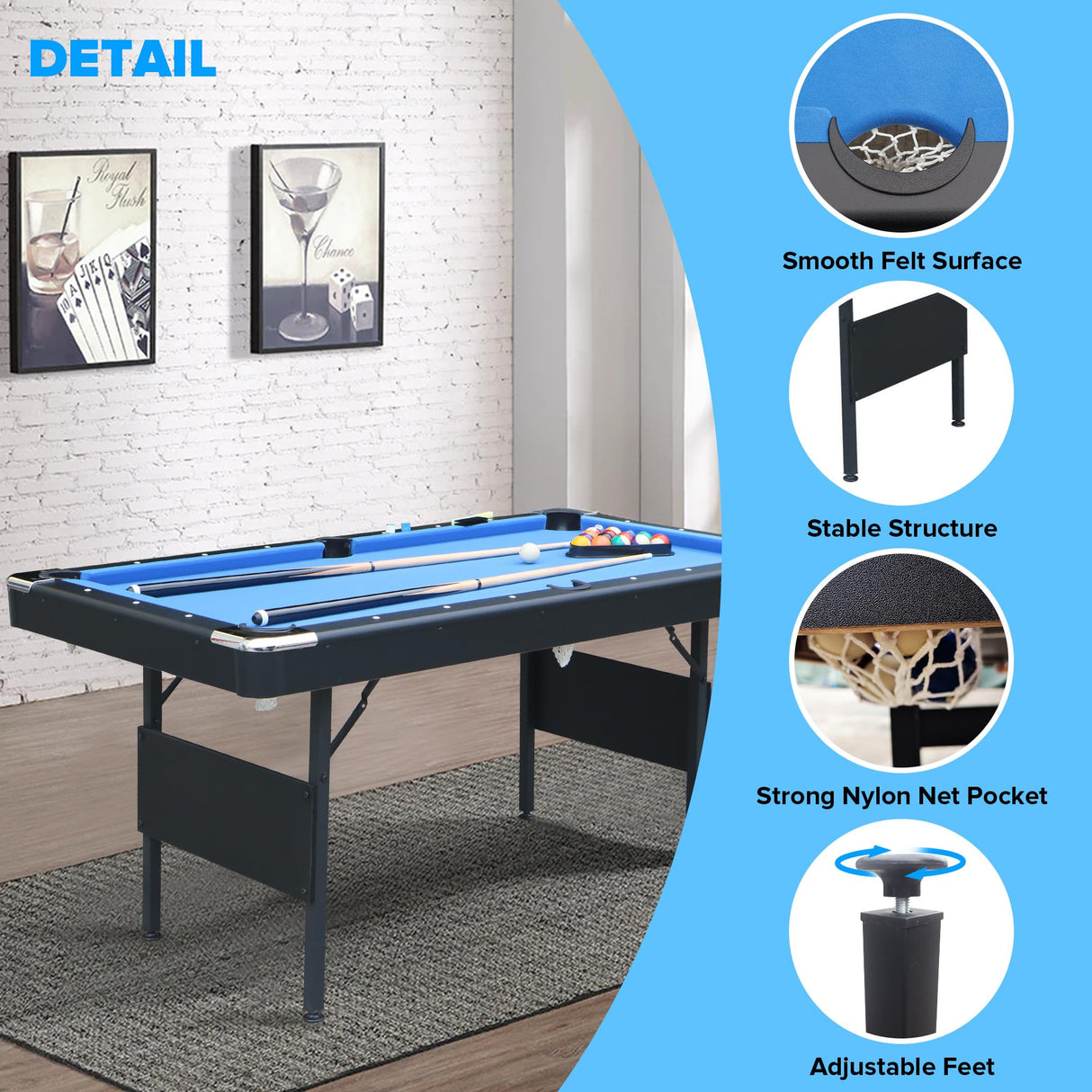 Ditkoko Billiard Table, 65.75" Folding Pool Table with with Balls, Cues, Chalk, Brush and Triangle, Pool Table Set for Family Game Room, Adult Rrec Room, Basements, Man cave or Garage Dithoko