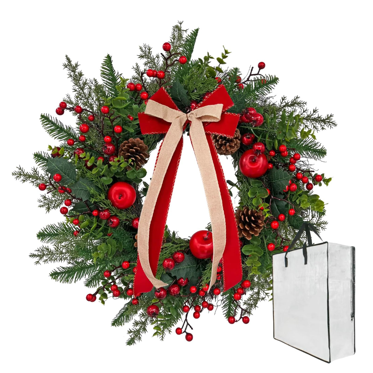 ARTINCRAFIO 24 Inch Christmas Wreath: Includes Red Bow & Zipped Storage Bag - Red Apple Berry Lush Foliage Wreaths for Front Door - Perfect Easy Post-Season Storage for Year-Round Use ARTINCRAFIO