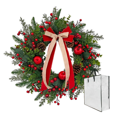 ARTINCRAFIO 24 Inch Christmas Wreath: Includes Red Bow & Zipped Storage Bag - Red Apple Berry Lush Foliage Wreaths for Front Door - Perfect Easy Post-Season Storage for Year-Round Use ARTINCRAFIO