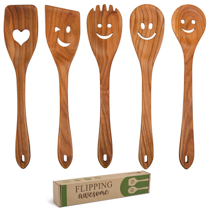 MFC 5-Piece Wooden Cooking Spoons - Kitchen Spatula Set from Natural Cherry Wood - Wooden Spoons for Cooking - Funny Wooden Utensil Set with Smiley Faces - Cooking Multipurpose Wooden Utensils