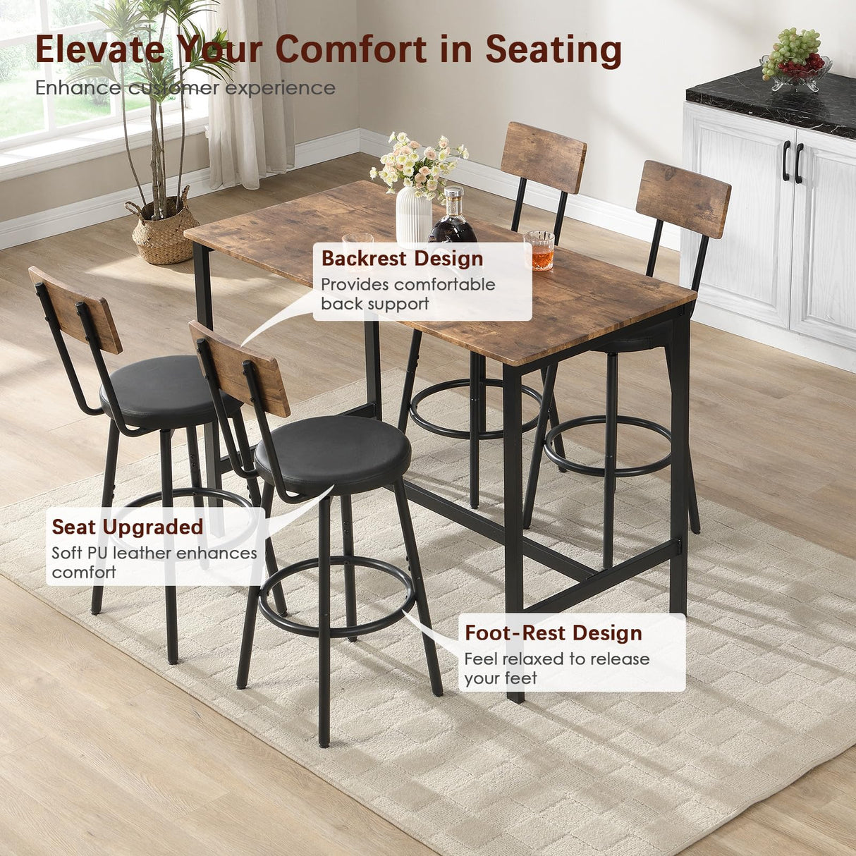 Tatub 5-Piece High Dining Table and Chairs Set for 4 - Brown Industrial Design Tatub