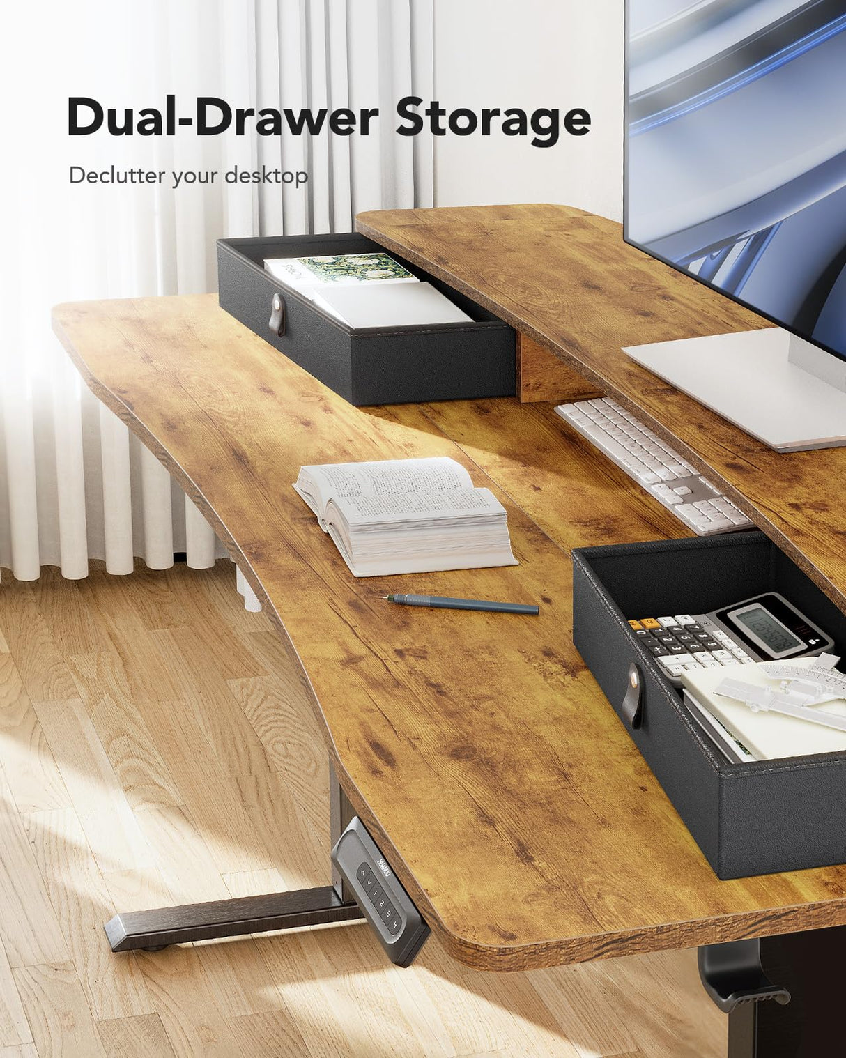 HUANUO 55″ x 26″ Electric Standing Desk with 2 Drawers, C-Clamp Mount Compatible, Height Adjustable Computer Desk, Home Office Stand Up Desk with 4 Preset Heights & 2 Hooks, Vintage Brown HUANUO