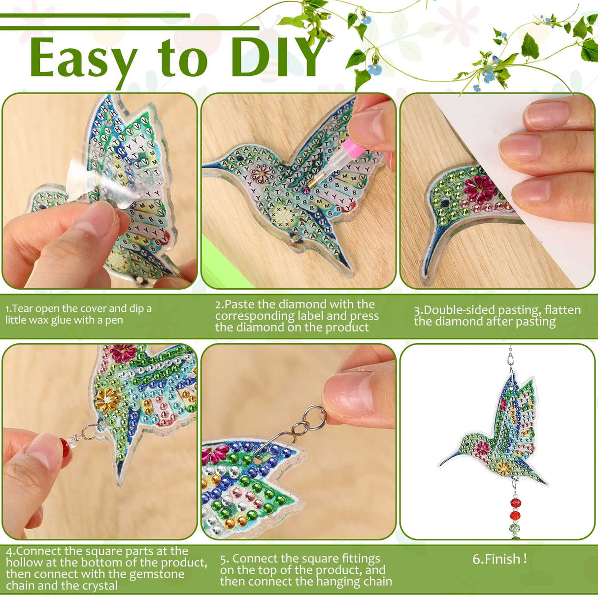 Jetec 3 Pieces Diamond Art Kits Painting Suncatcher Wind Chime Double Sided Crystal Gem Paint by Number Hanging Ornament for Adults DIY Window Home Garden(Dragonfly, Butterfly, Hummingbird) Jetec