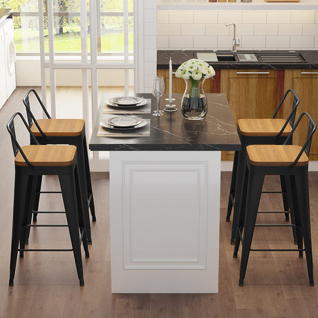 WENTMENT Metal Bar Stools Set of 4 Counter Height Bar Stools Barstools with Removable Back 26" Kitchen Bar Stools with Wooden Seat, Black WENTMENT