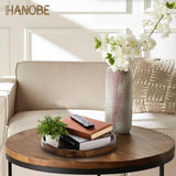 Hanobe Decorative Coffee Table Tray: Brown Wood Tray Round Rustic Wooden Trays Circle Farmhouse Centerpiece Candle Holder for Home Decor Ottoman Counter Display Living Room Organizer 12" Hanobe