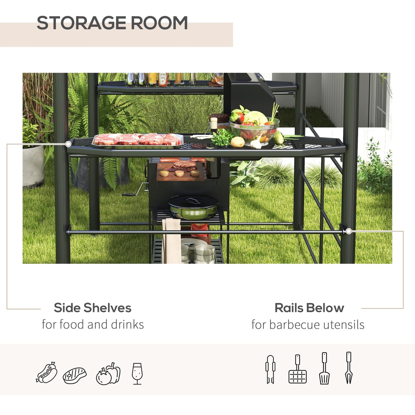 Outsunny 8' x 5' Grill Gazebo Shelter with Interlaced Vented Polycarbonate Roof, Outdoor BBQ Canopy with Side Shelves, Steel Frame for Garden, Patio, Backyard, Dark Gray - WoodArtSupply