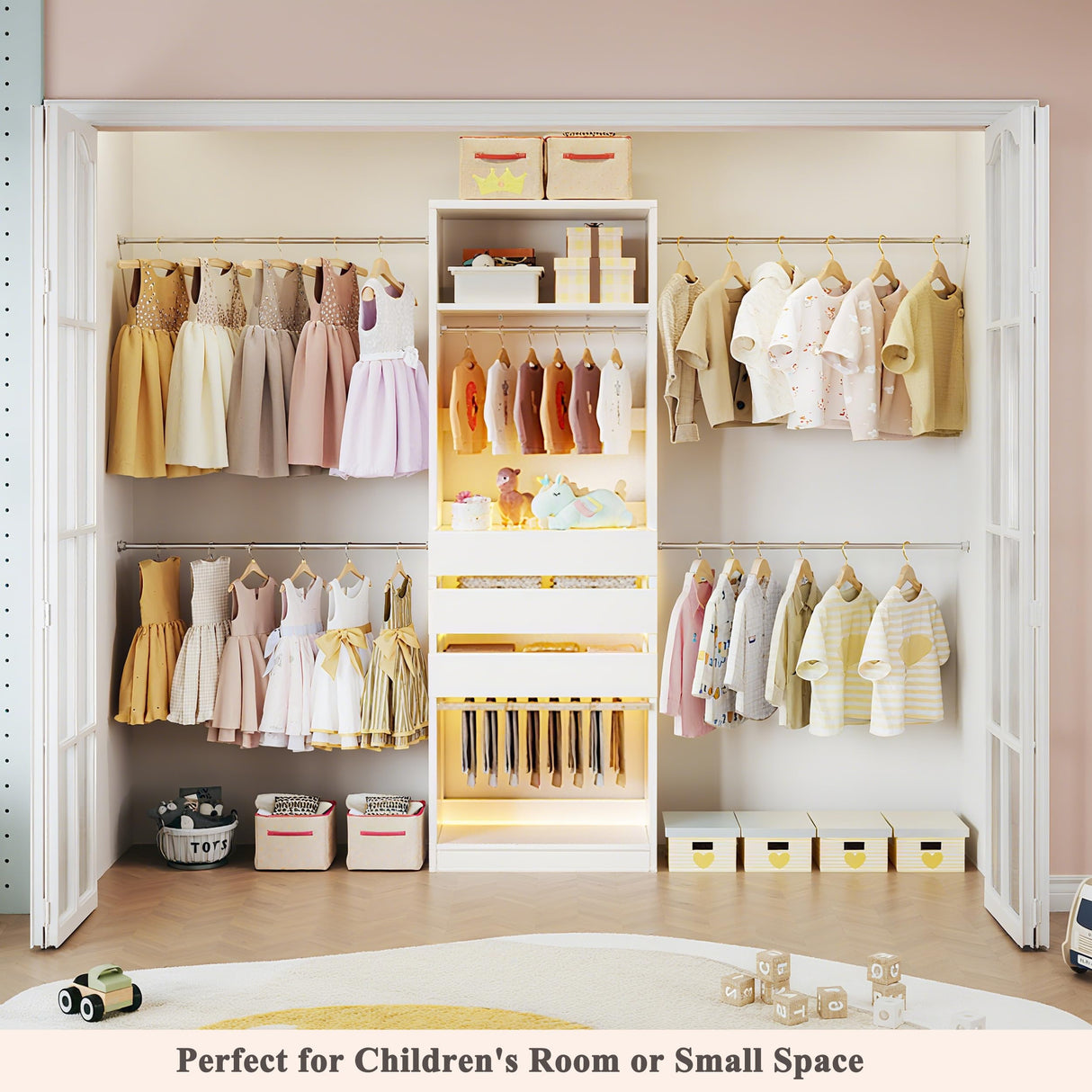 Closet System, 4-8FT Closet Organizer with 3 Wood Drawers & Glass Top, 102'' Walk in Closet with 5 Hang Rods & LED Lights & Trouser Rack, Built-in Wardrobe Clothes Rack with Shelves and Tower, White HUAHUU