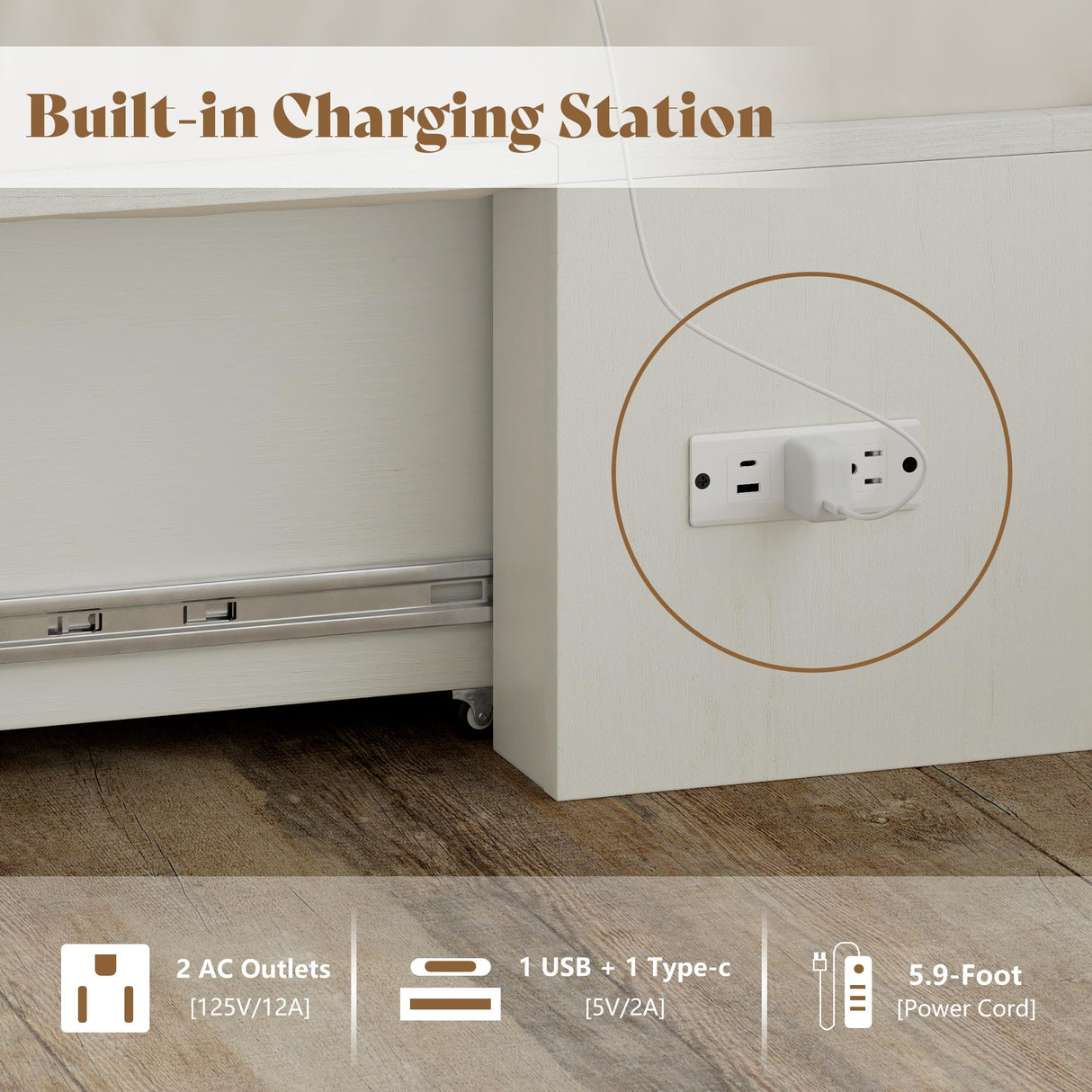 AMERLIFE Queen Size Murphy Bed, Farmhouse Cabinet Bed Frame with Charging Station and Storage Drawer for Bedroom/Office/Guest Room, White+Barnwood AMERLIFE