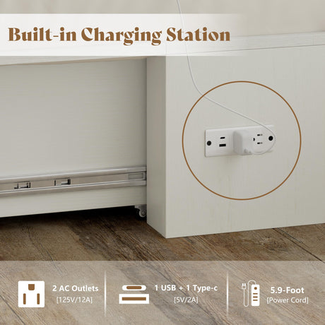 AMERLIFE Queen Size Murphy Bed, Farmhouse Cabinet Bed Frame with Charging Station and Storage Drawer for Bedroom/Office/Guest Room, White+Barnwood AMERLIFE