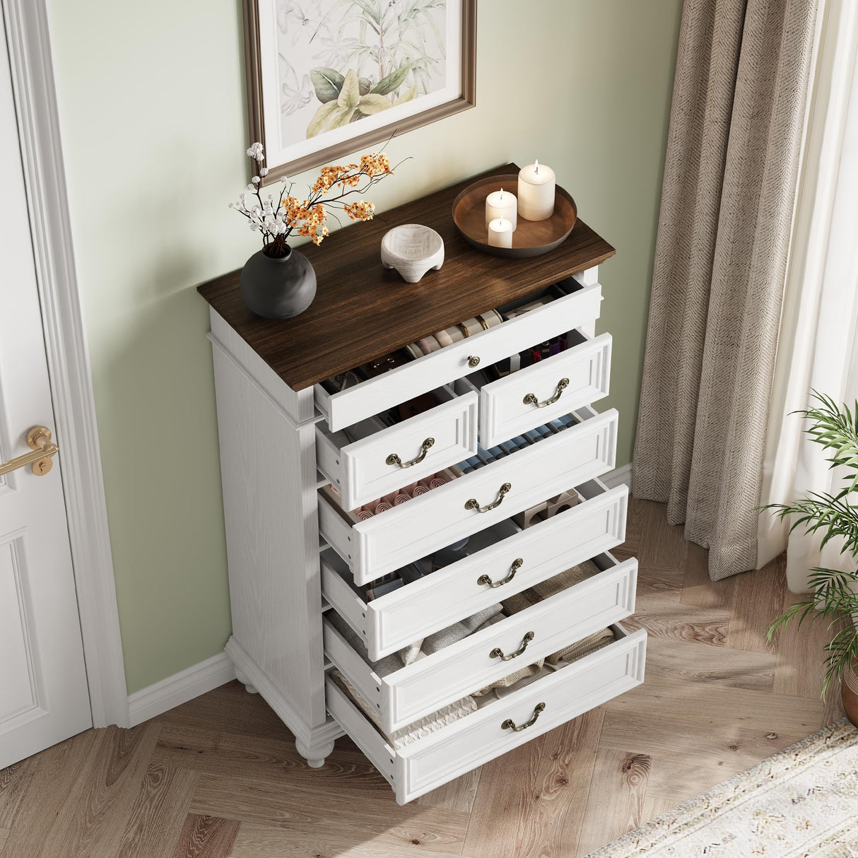 IDEALHOUSE Farmhouse Tall Dresser for Bedroom with 7 Drawers, 50" Tall Large Wood Chest of Drawers with Jewelry Storage for Bedroom, Living Room, Hallway, White IDEALHOUSE