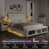 Halitaa Farmhouse Full Bed Frame with Storage, Full Size Bed Frame with 51" Tall Headboard & Charging Station,Wood Platform Bedframe with Led Lights & Storage Bench, No Box Spring Needed,White Halitaa