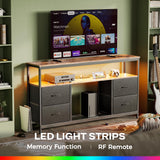 Huuger TV Stand Dresser with Power Outlets and LED Lights, 4 Drawers Entertainment Center with Shelves, 54 Inch Media Console for 55 60 Inch TV, PU Finish, Rustic Brown and Black Huuger