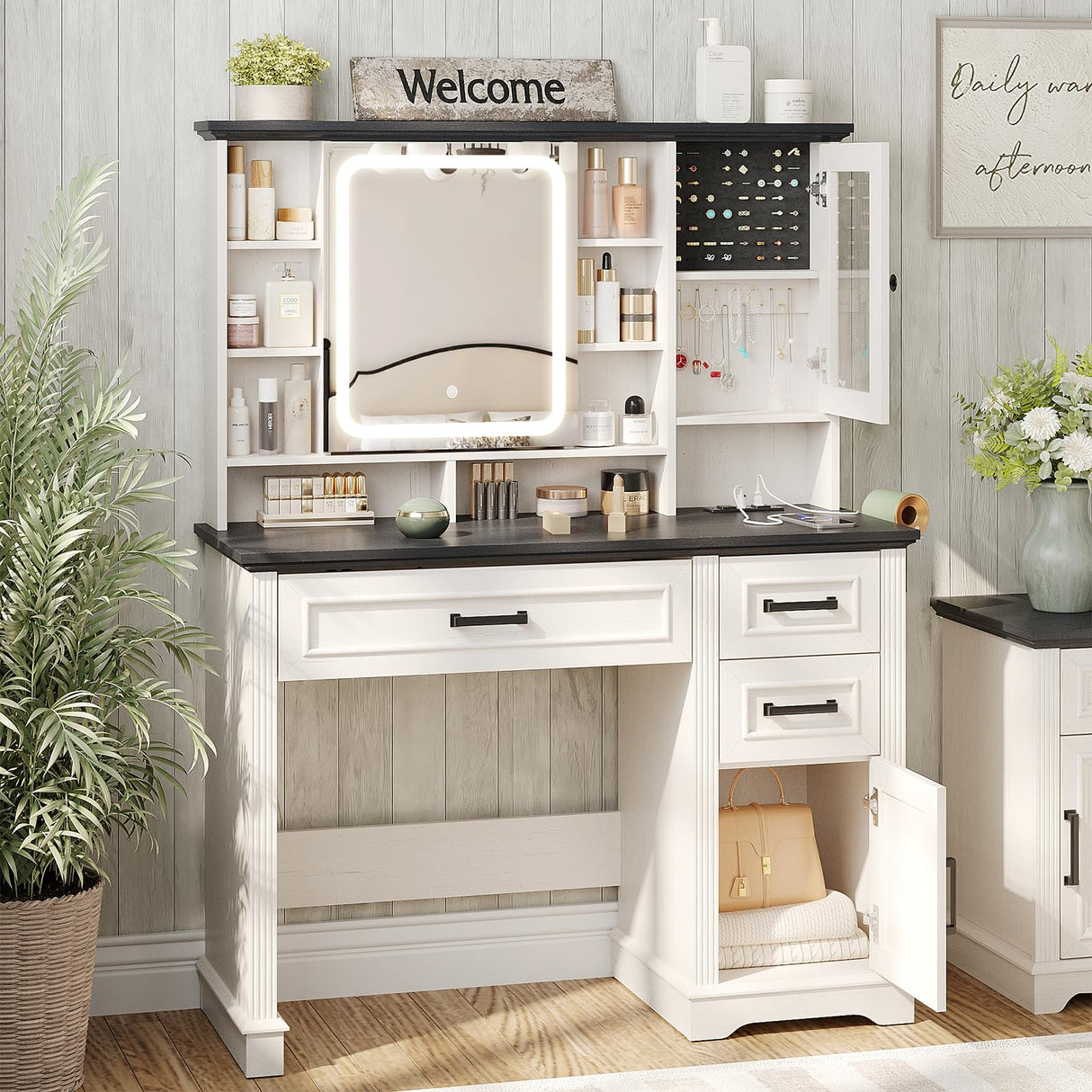 Maupvit Vanity Desk with Mirror and Lights, Makeup Vanity with 3 Drawers and Power Outlets, Farmhouse Makeup Vanity Desk with Lights, Dressing Table with Mirror for Bedroom, White Maupvit