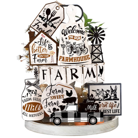 Spakon 14 Pieces Farmhouse Tiered Tray Decor Black White Buffalo Plaid Christmas Decor Wood Bead Garland with Tassel for Rustic Home Sweet Home Farmhouse Xmas Gift (Farm Style) Spakon