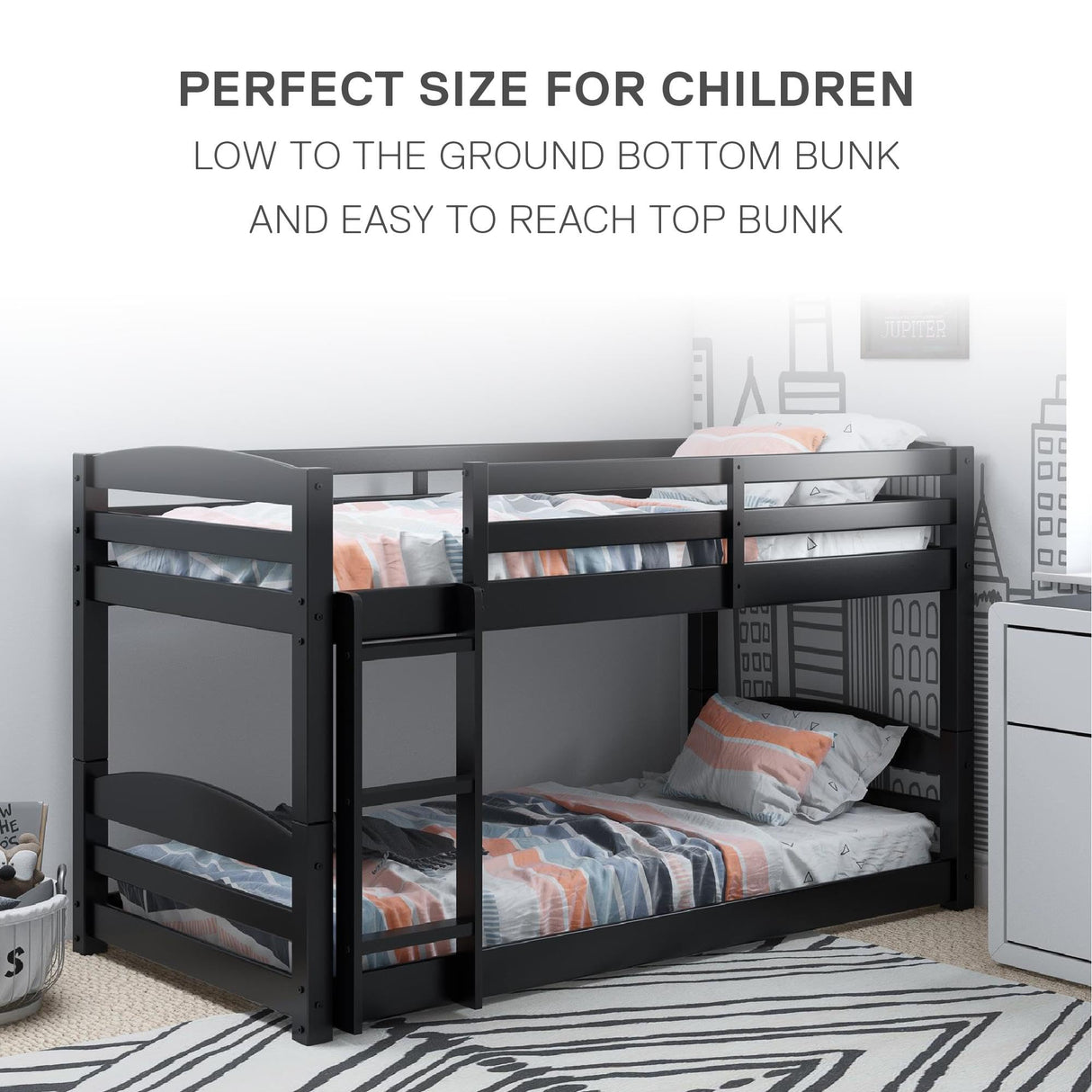 DHP Phoenix Twin Bunk Bed with Ladder, Black, Space-Saving Design, Solid Wood Construction DHP