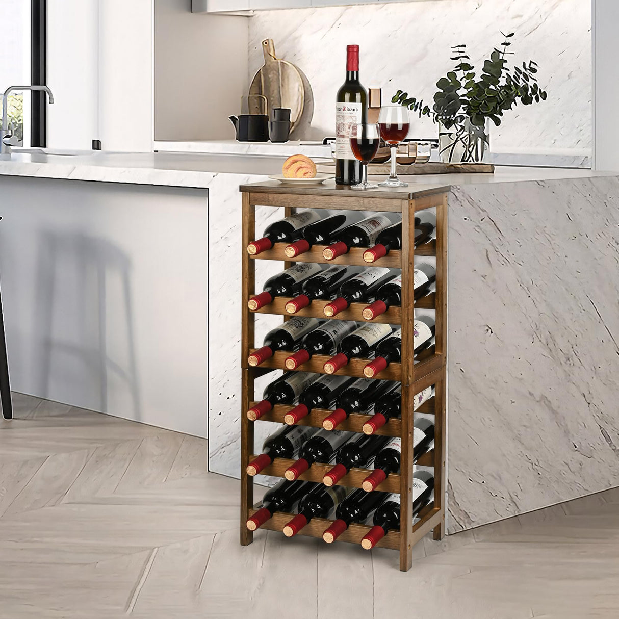 VASMIA Wine Rack Freestanding Floor, 6-Tier Display Wine Storage Shelves with Table Top, 24-Botttle Bamboo Wine Rack Shelf for Kitchen Bar Dining Room Living Room, Walnut VASMIA