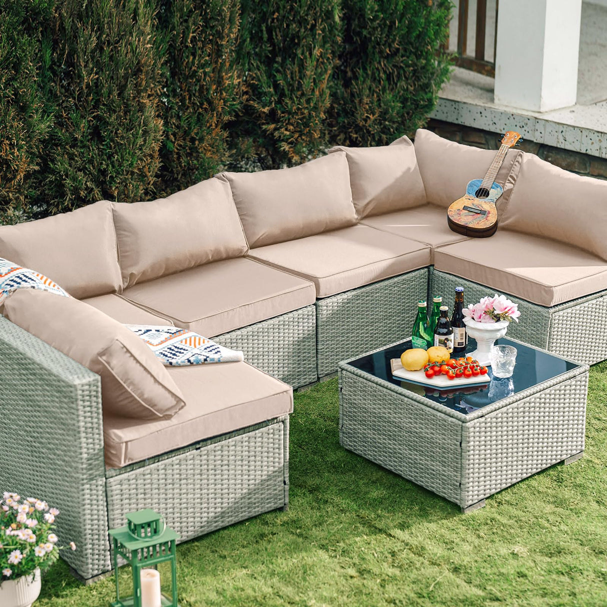 Skyfish 7 Pieces Patio Furniture Set - Outdoor Sectional Wicker Rattan Furniture with Cushion and Glass Table Patio Conversation Sets for Porch Poolside Backyard Outdoor Sofa Set Modular Sofa Skyfish