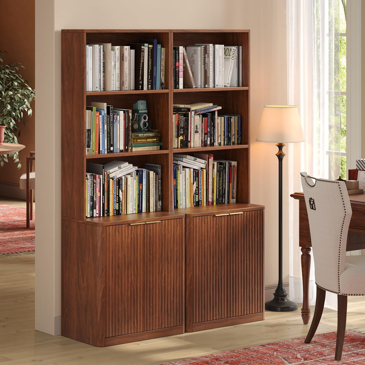 Hootata 71" Walnut Bookcase with Doors, 5 Tier Fluted Tall Bookshelf with Storage, Librero with Cabinet for Home Office, Living Room,or Bedroom Hootata