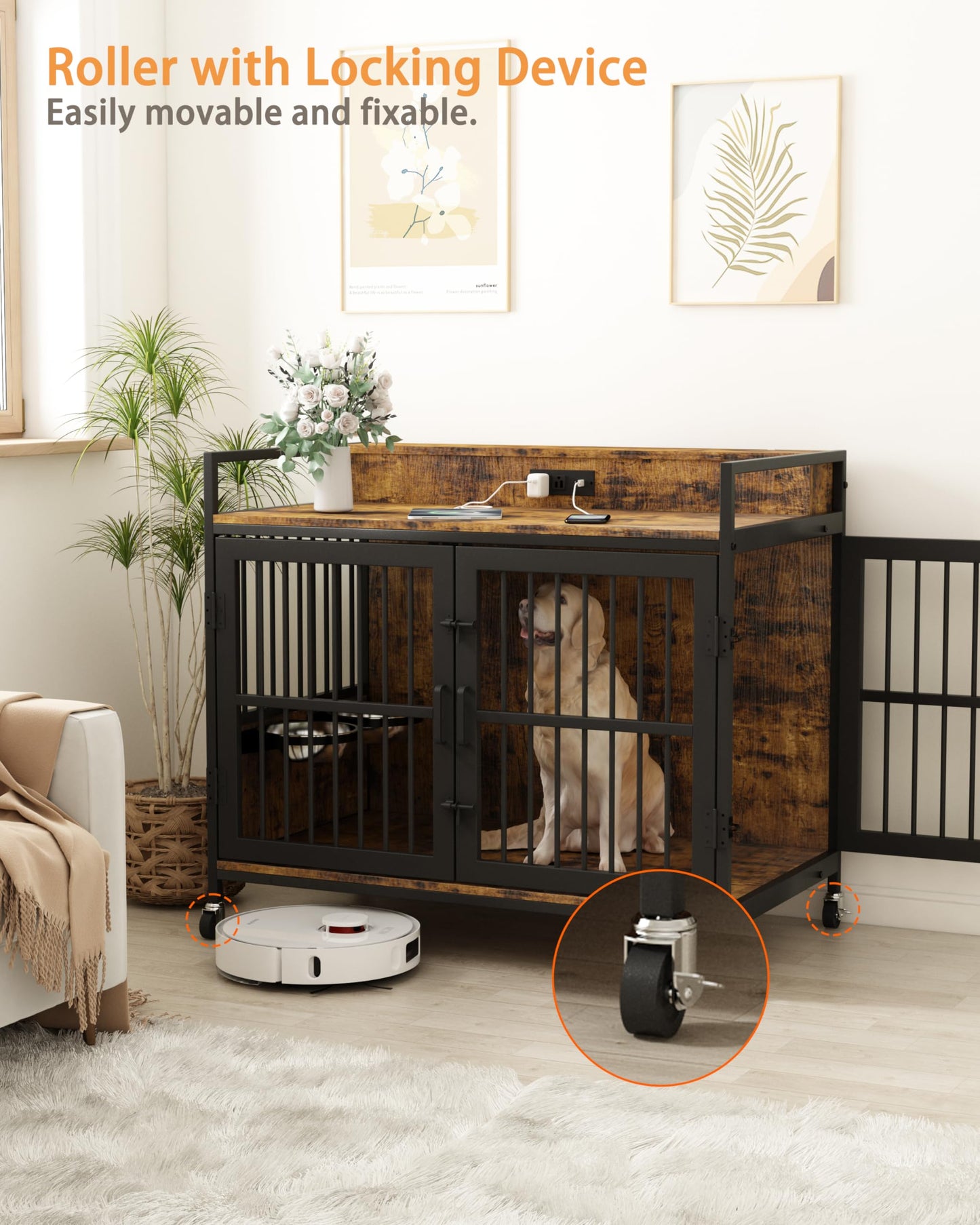 Piskyet Large Dog Crate Furniture,Heavy Duty Dog Crate Side Table with Charge Station and Storage&360°Rotatable Feeder and Stainless Steel Bowls,Indoor Double Door Kennel with Wheels - Rustic Brown