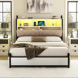 AMERLIFE Queen Bed Frame with Bookcase Headboard and 4 Storage Drawers, Wooden Platform Bed with Charging Station and LED Light, No Box Spring Needed/Noise-Free, White AMERLIFE