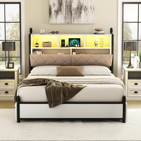 AMERLIFE Queen Bed Frame with Bookcase Headboard and 4 Storage Drawers, Wooden Platform Bed with Charging Station and LED Light, No Box Spring Needed/Noise-Free, White AMERLIFE