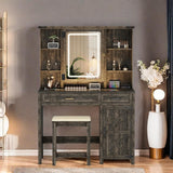 ChicFurnit Farmhouse Makeup Vanity,Vanity Desk with Glass Tabletop & 3 in 1 Charging Station,40'' Vanity Set with Human Body Sensing LED Lights & Hidden Jewelry Cabinet,Stool Included, Vintage Brown ChicFurnit