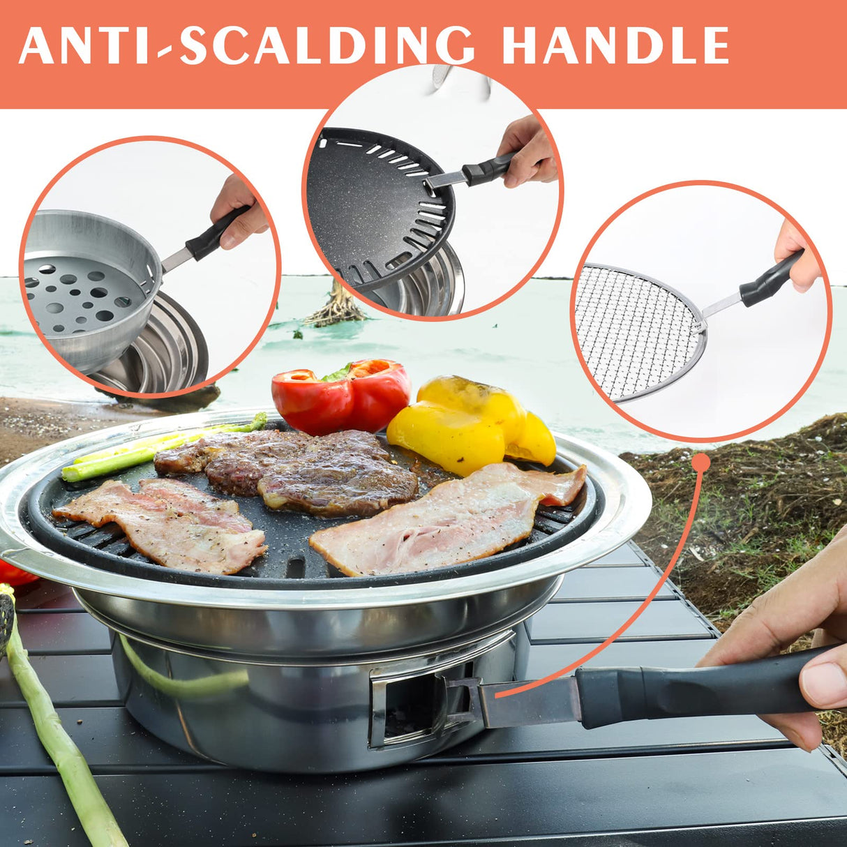 Puraville Charcoal Barbecue Grill, 13.7 Inches Non-Stick Korean BBQ Grill, Portable Stainless Steel Charcoal Stove for Home Party Outdoor Camping AdikeMicegen