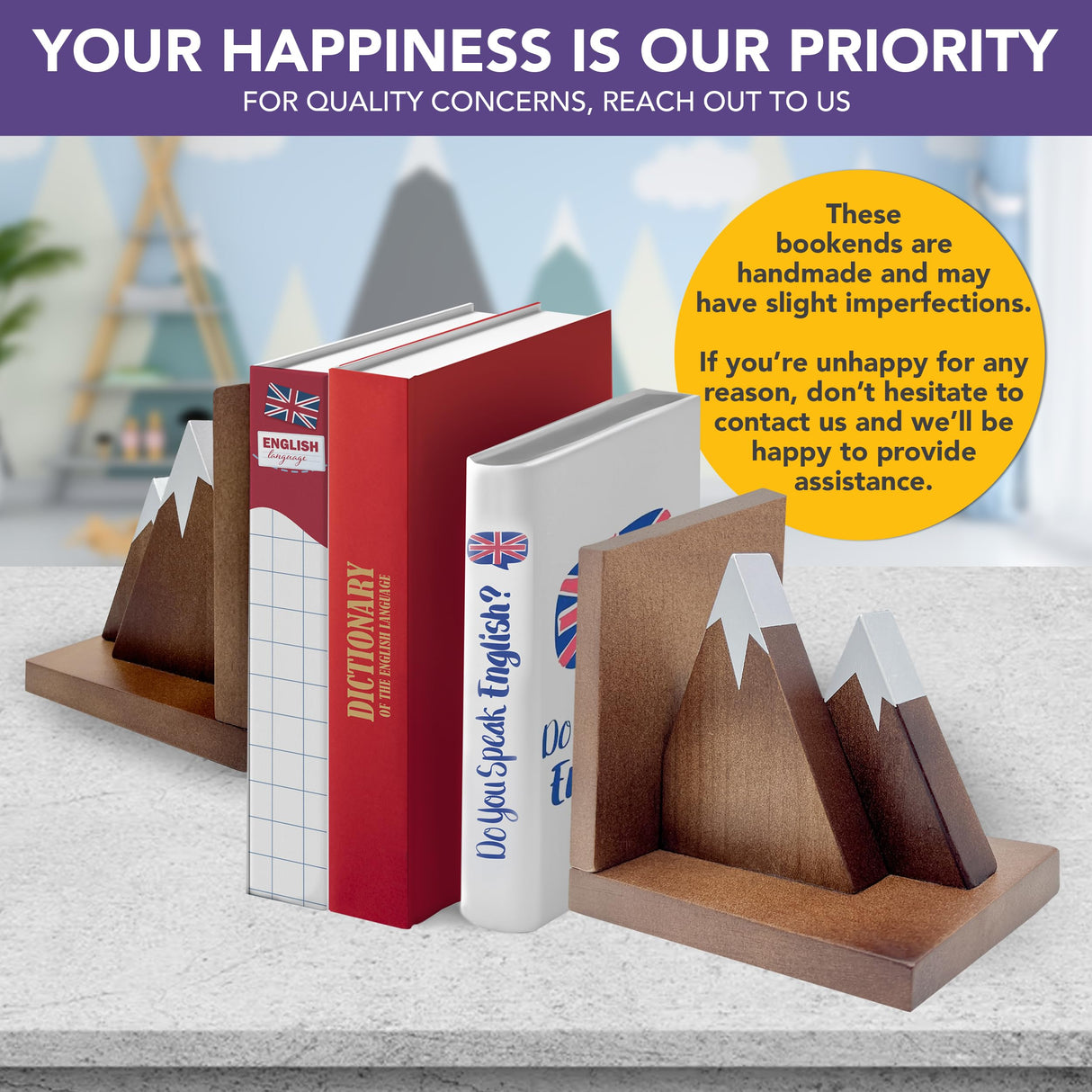 Decorably Dark Walnut Mountain Book Ends for Kids - 1 Set Non-Skid Wooden Bookends for Shelves, Book Ends Decorative Decorably