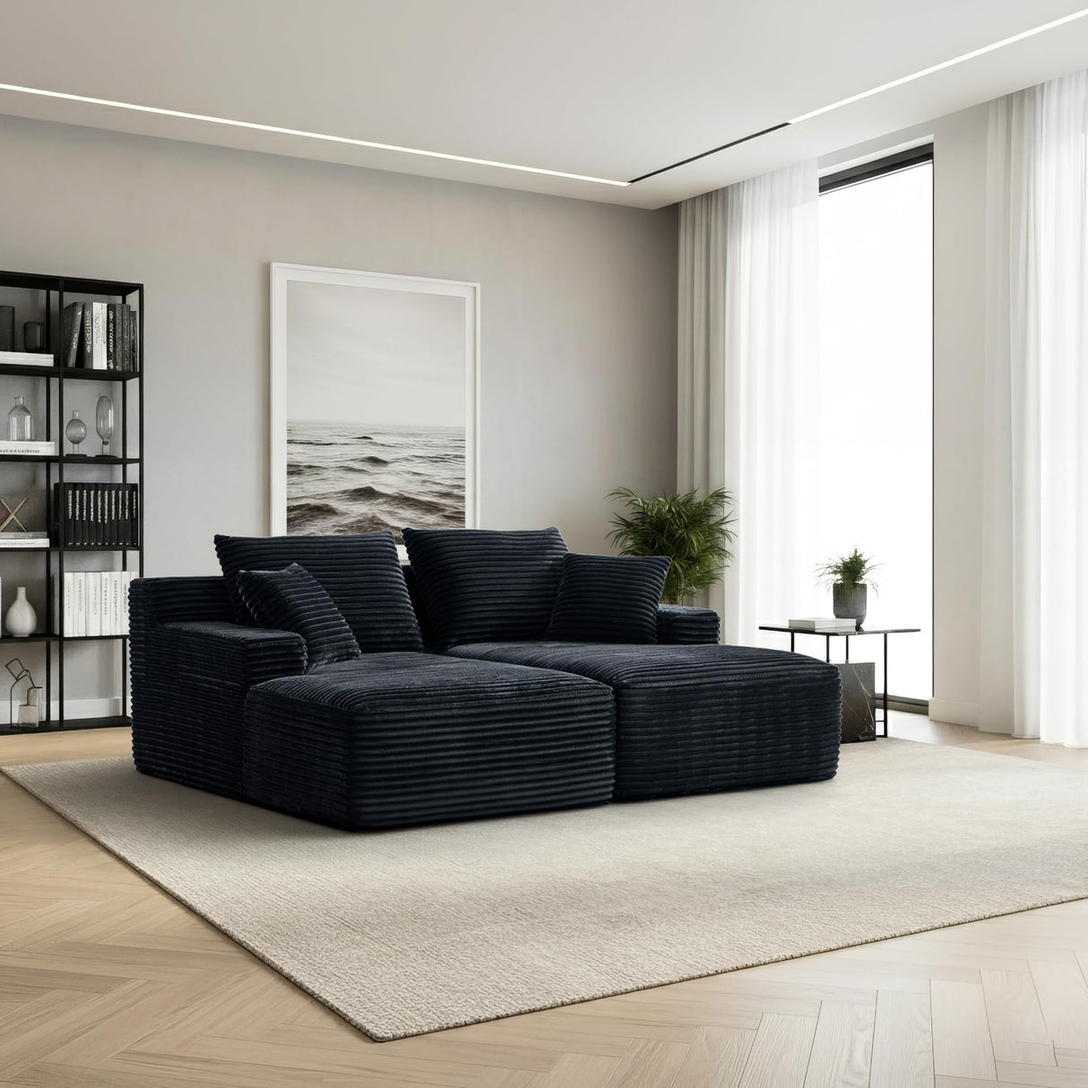 80" Oversized Double Chaise Lounges Indoor, Upholstered Boneless Couch with Deep Seat and 4 Pillows, Modern Corduroy Cloud Plush Sleeper Loveseat Memory Foam Couch, No Assembly Required, Black GULFXDS