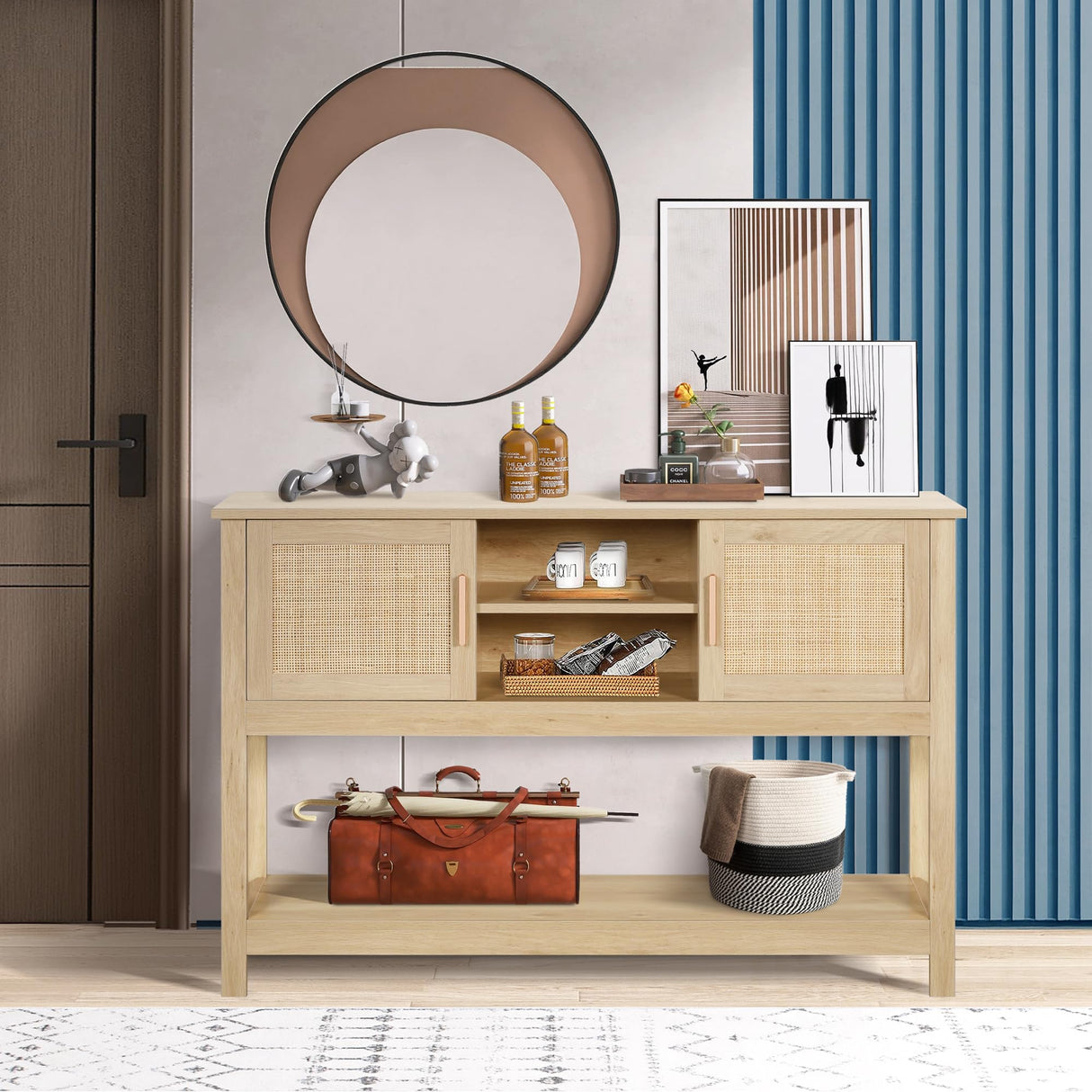 LAZZO 47" Rattan Console Table - Multi-Functional Narrow Entryway & Sofa Table with Storage Cabinets and Drawers LAZZO