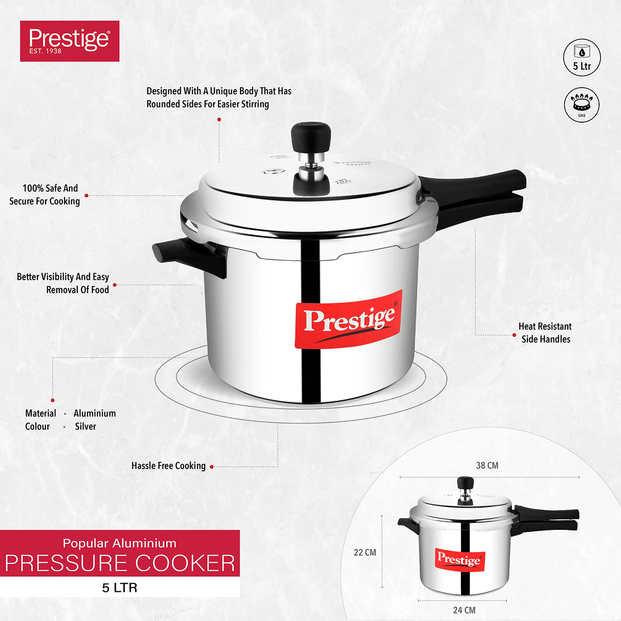 Prestige Popular Aluminum Pressure Cooker, 5 L, Silver Prestige