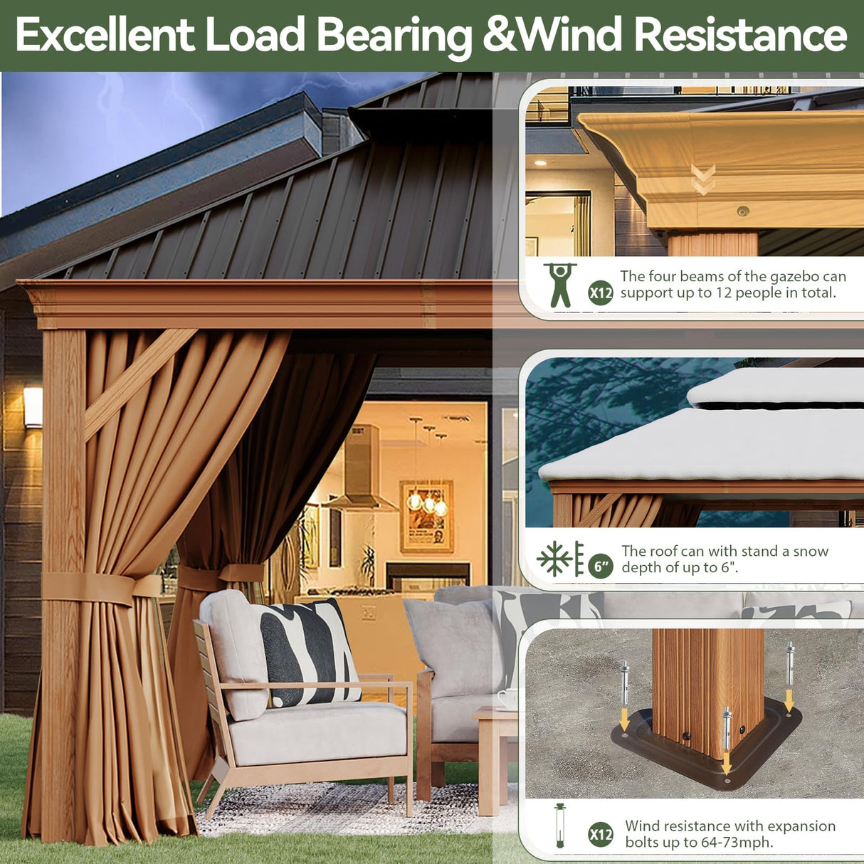 Aoxun Hardtop Gazebo, 12 x 16ft Wooden Finish Coated Aluminum Frame Canopy, Galvanized Steel Double Top, Outdoor Permanent Metal Pavilion with Curtains and Netting, for Backyard, Patio and Deck Aoxun