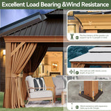 Aoxun Hardtop Gazebo, 12 x 16ft Wooden Finish Coated Aluminum Frame Canopy, Galvanized Steel Double Top, Outdoor Permanent Metal Pavilion with Curtains and Netting, for Backyard, Patio and Deck Aoxun