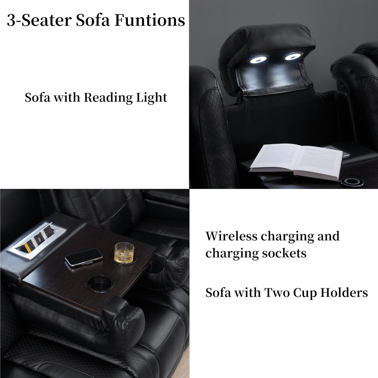 THSUPER Black Leather Power Recliner Sofa Loveseat Sets with Arm Storage and Power Headrest, Leather Living Room Reclining Sofa and Loveseat Set with Cup Holders and Bluetooth Speaker. THSUPER
