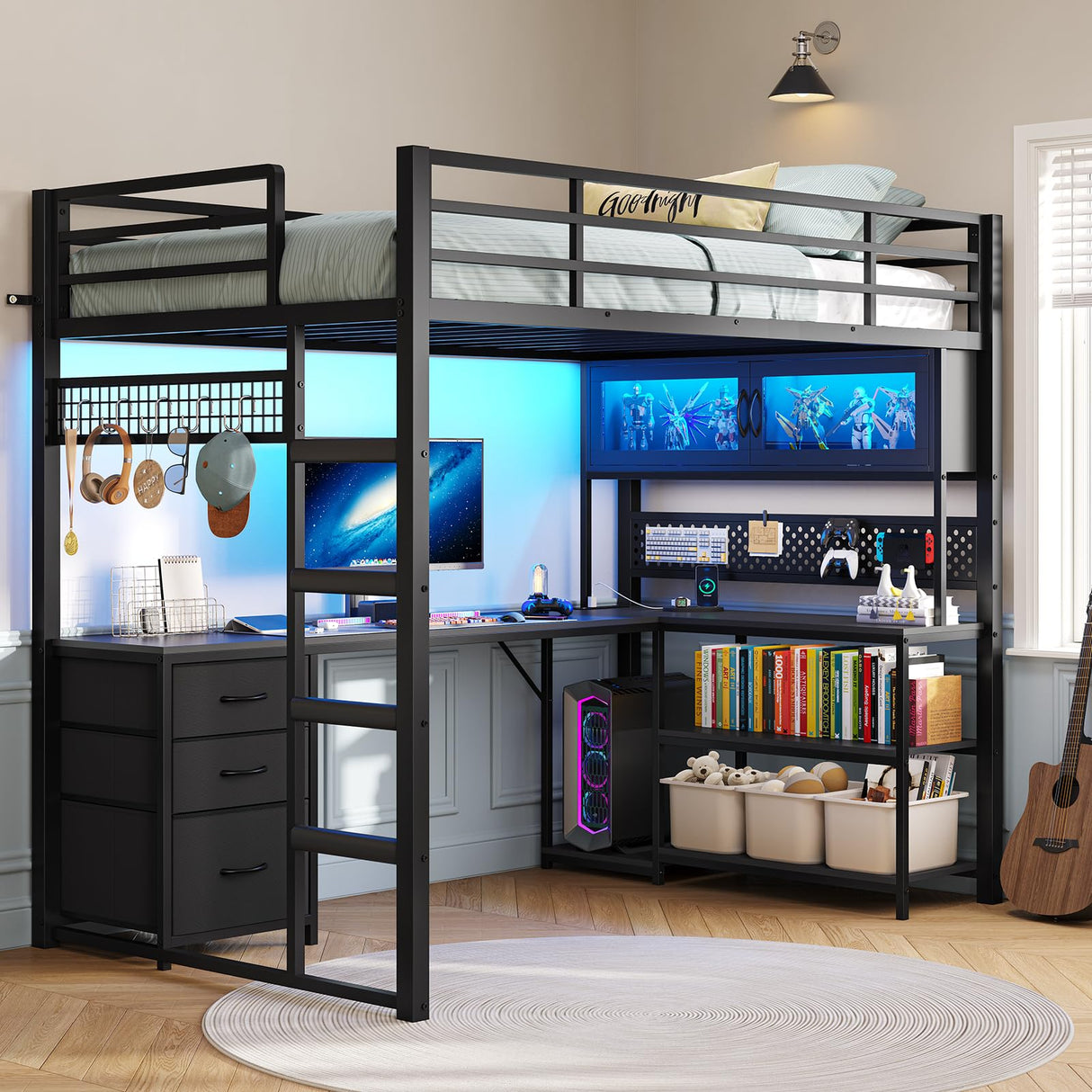 ADORNEVE Twin Size Loft Bed with L-Shaped Gaming Desk, Storage Drawers & Hutch, Expanded Safety Power Outlet, Metal Loft Bed Frame with RGB Lights, Space Saving for Teens, Black ADORNEVE