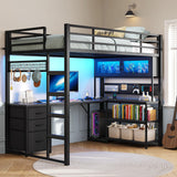 ADORNEVE Twin Size Loft Bed with L-Shaped Gaming Desk, Storage Drawers & Hutch, Expanded Safety Power Outlet, Metal Loft Bed Frame with RGB Lights, Space Saving for Teens, Black ADORNEVE
