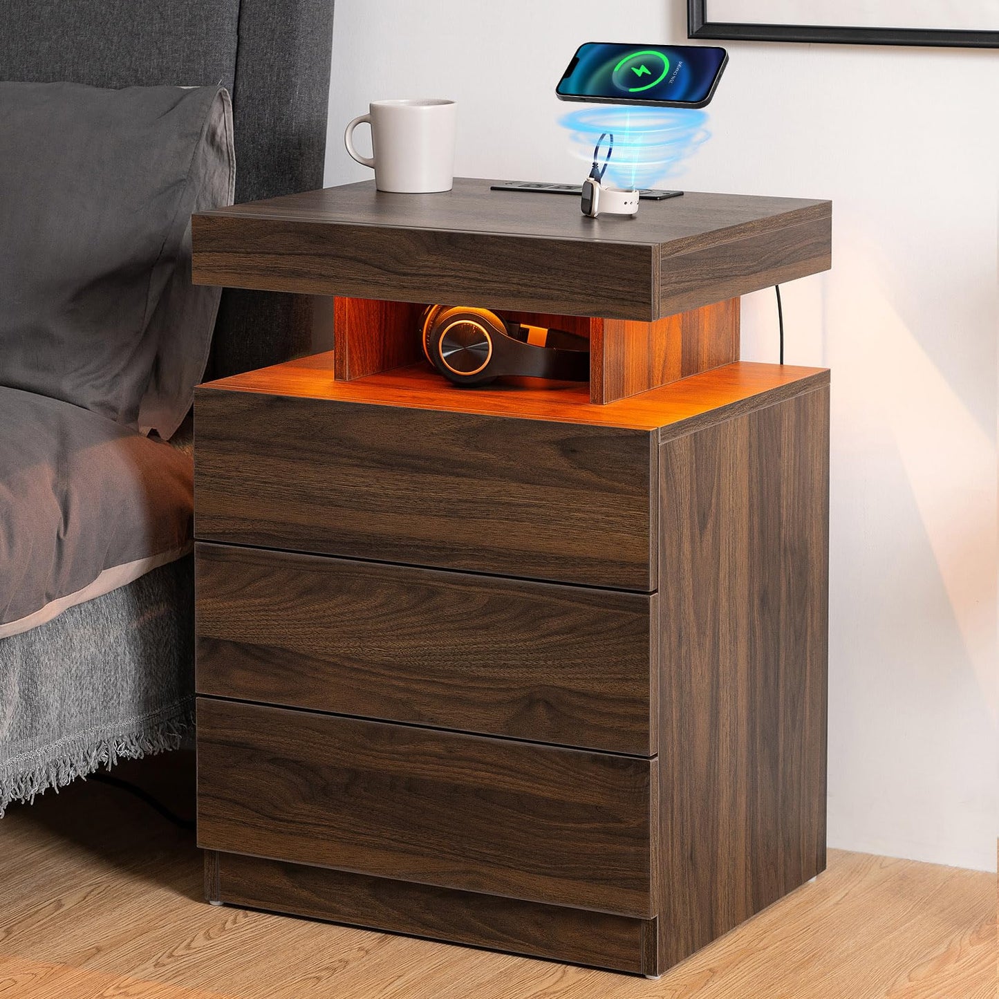 HOMMPA LED Nightstand with Wireless Charging Station Dark Walnut Mid Century Bedside Table with Led Light Smart Nightstand USB Port Type C Tall Night Table with 3 Drawers Wood Night Stand for - WoodArtSupply