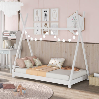 Solid Wood Twin Size Canopy Platform Bed with Triangle Structure, Twin Floor Bed Frame for Boys, Girls, Teens, Mattress Base, No Box Spring Needed (White)