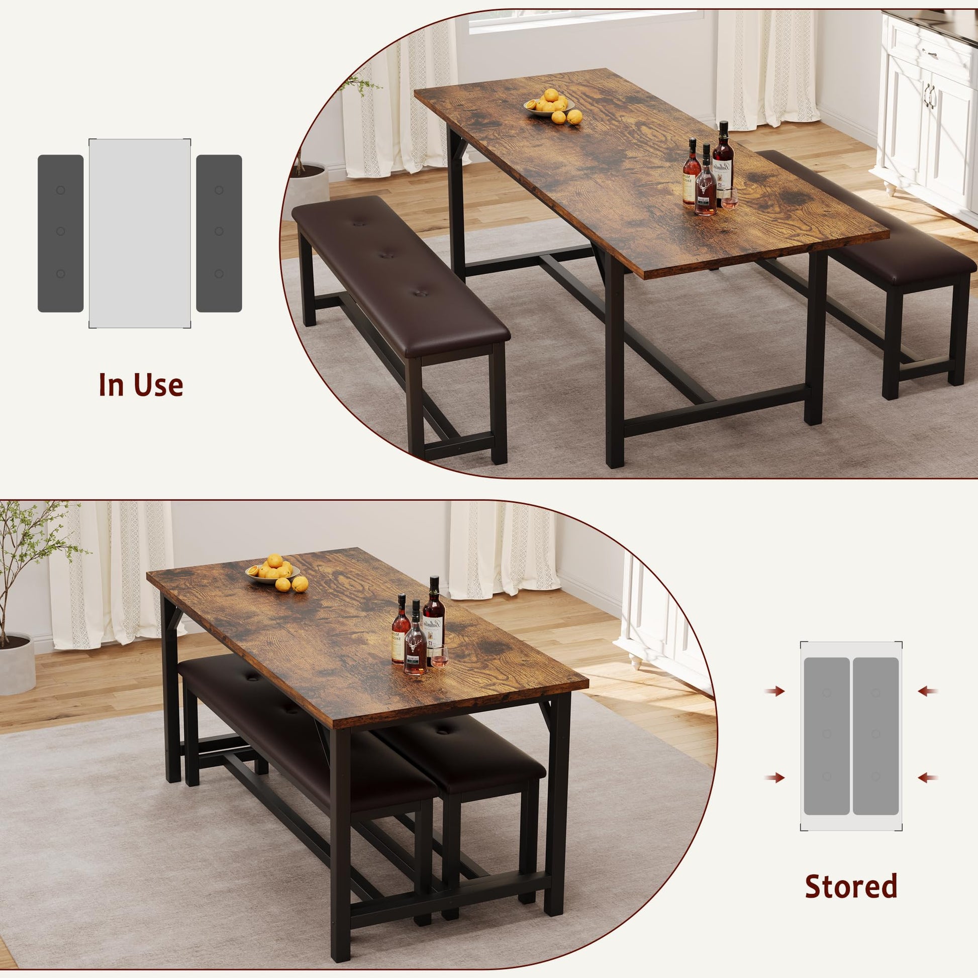 GAOMON Dining Room Table Set for 4-6, 63" Extendable Dining Table Set for 6, Kitchen Table with 2 Upholstered Benches, Dining Room Extendable Table Set for Small Space, Apartment, Rustic Brow - WoodArtSupply