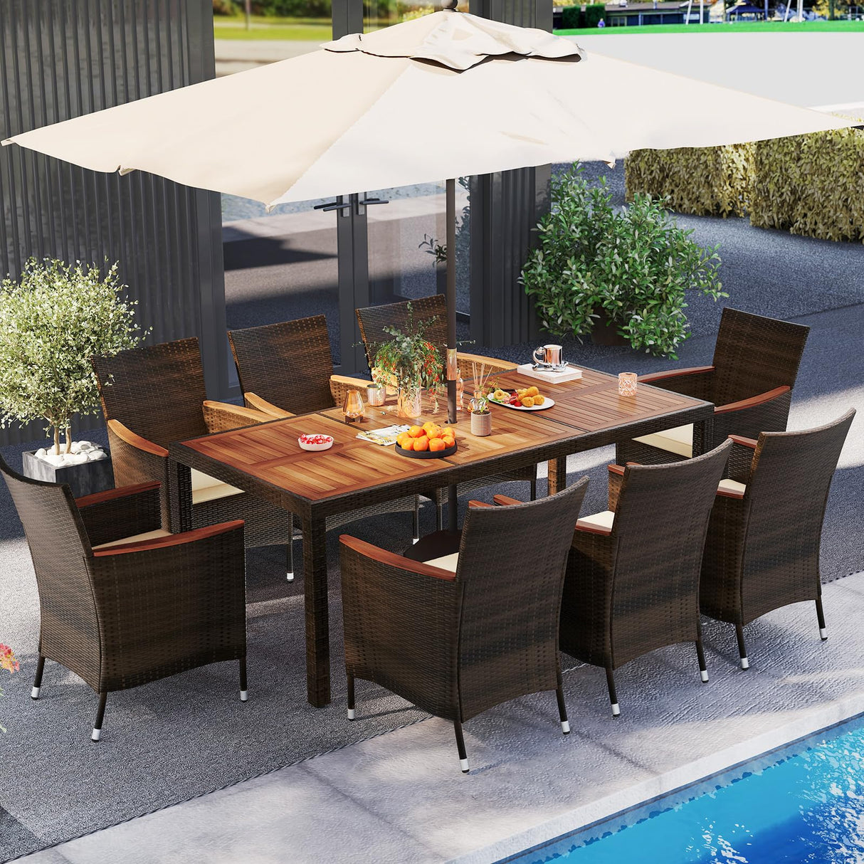 S AFSTAR Patio Dining Set for 8 with Umbrella Hole, 75”x36” Acacia Wooden Table & PE Rattan Chairs for Deck, Backyard S AFSTAR