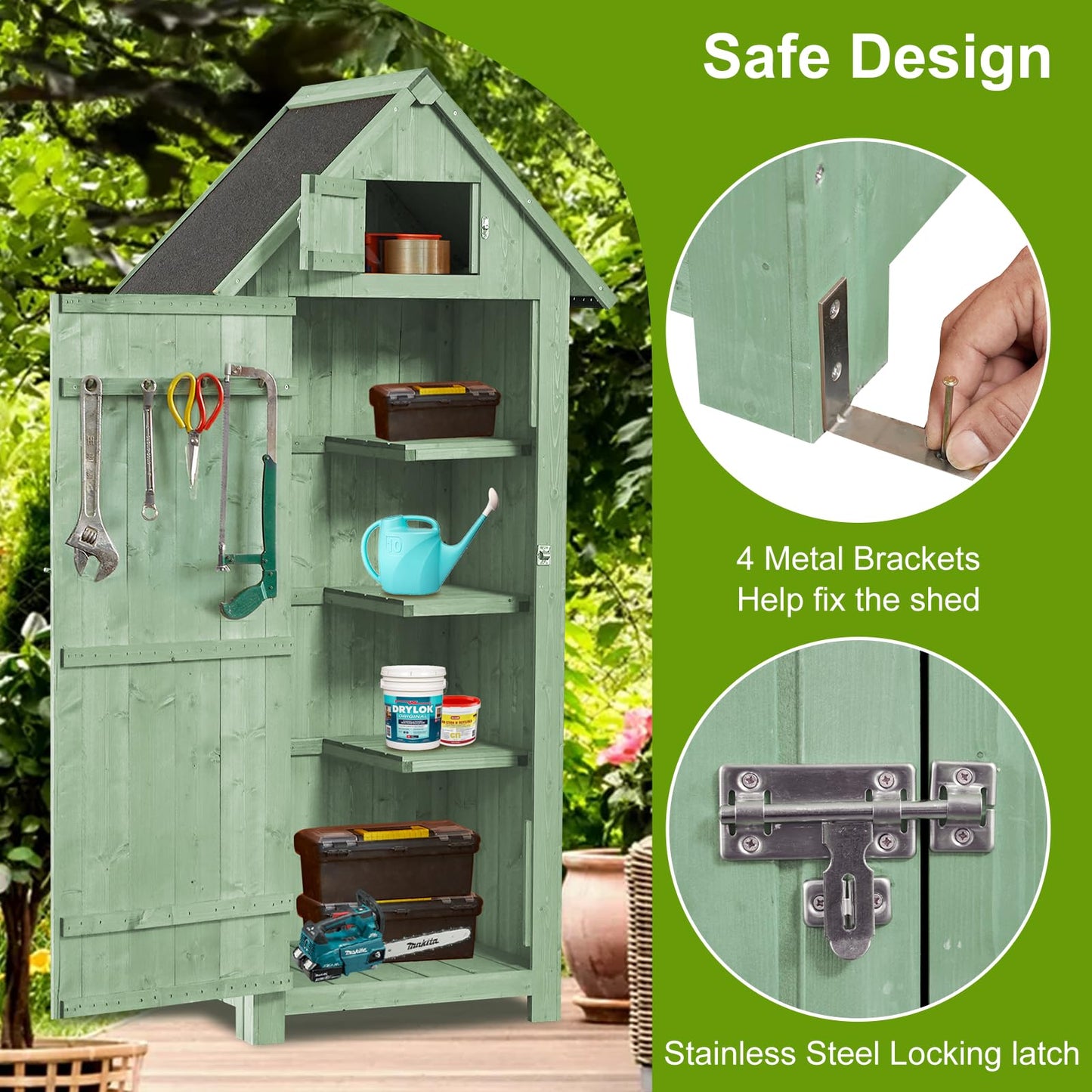 Shed Outdoor Storage Cabinet, Wood Garden Sheds with Floor, Outside Tool Outhouse Organizer with Waterproof Roof, Shelves and Lockable Door for Patio Hallway and Backyard (Green) - WoodArtSupply